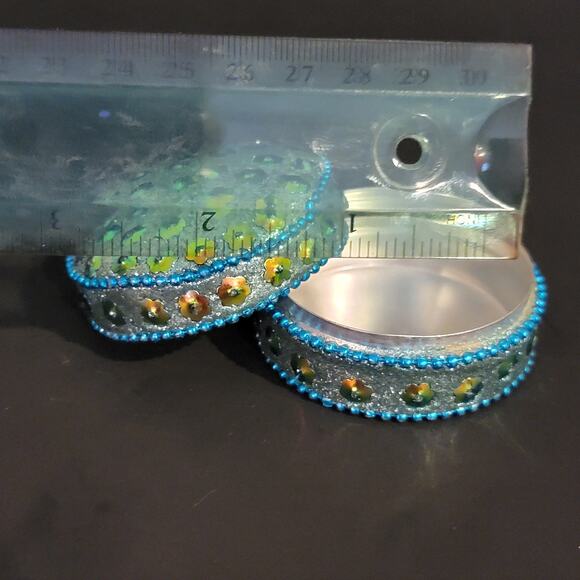 Mini Sequin Trinket Box 1" Silver Blue Small Boho Jewelry Holder - Picture 11 of 12